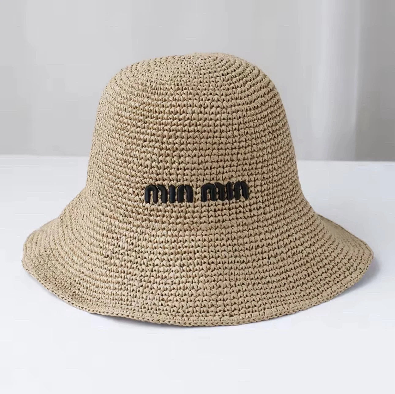 Miu Miu Straw Bucket Hat Wide Brim Logo Beige Designer Women's One Size
