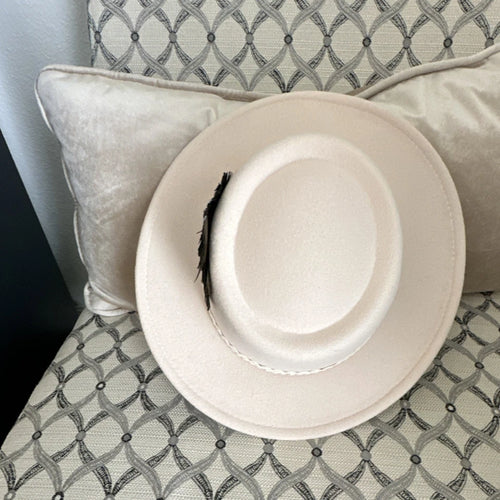 Beige Wide Brim Fedora Hat for Women with Feather Ribbon Accent, Cotton Blend