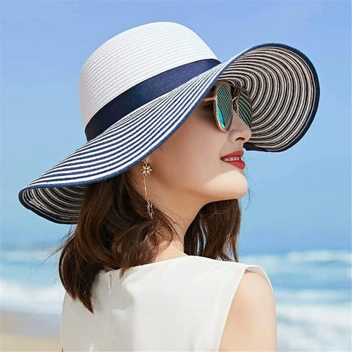 Blue & White Striped Bowknot Summer Sun Wind Hat Women Straw Large Brimmed Hat
