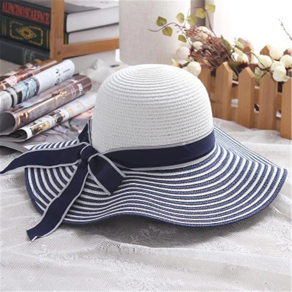 Blue & White Striped Bowknot Summer Sun Wind Hat Women Straw Large Brimmed Hat